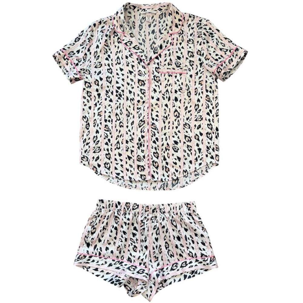 Victorias Secret Satin Pajama Set Pink White Stripe Black Leopard Short PJ Sz XS
